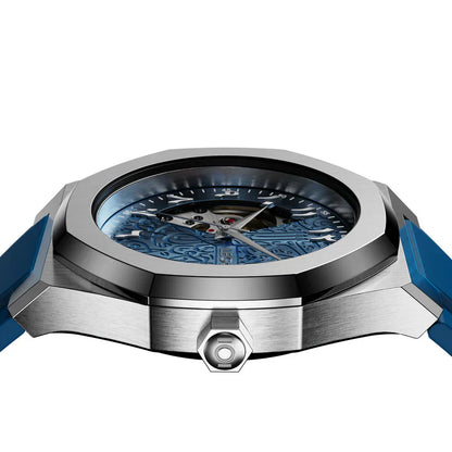 Side profile of a men’s automatic watch with a blue case and crown details