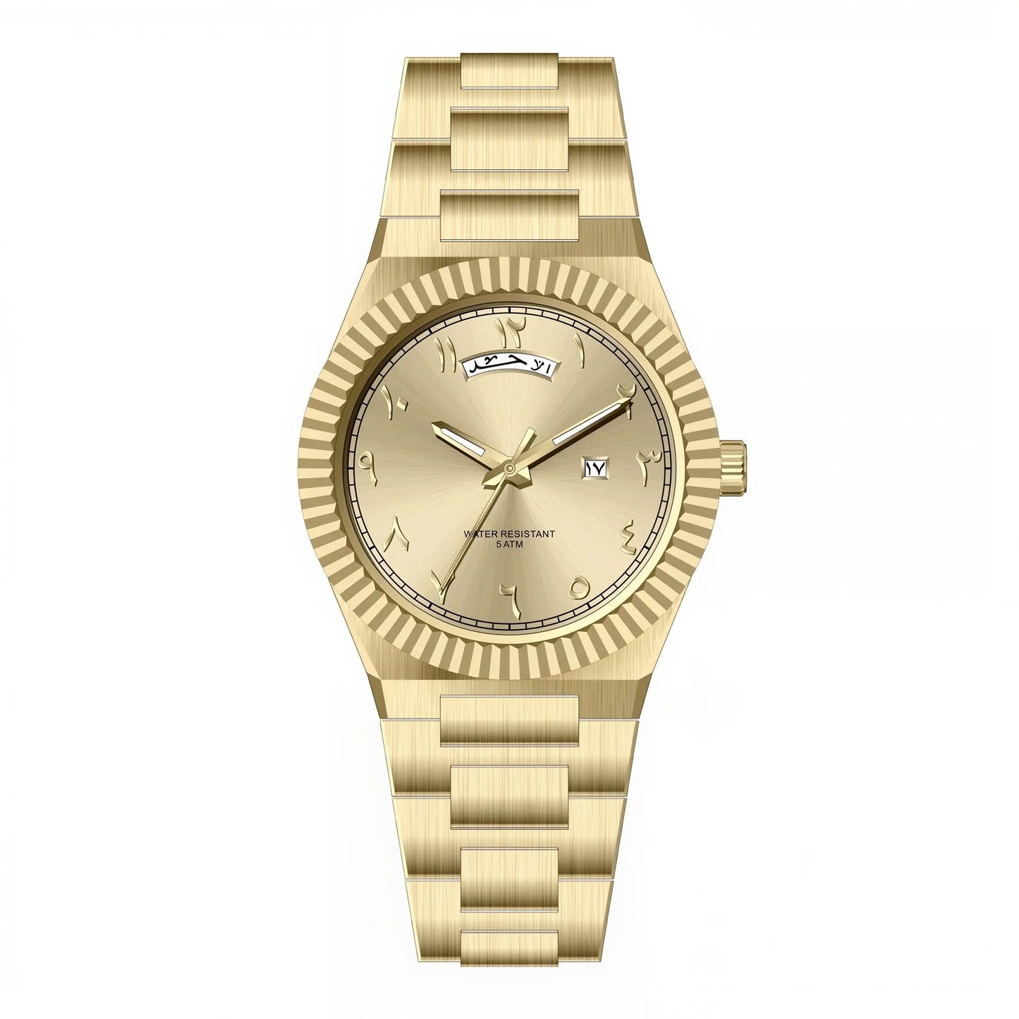 NAZAR Gold – Men’s premium steel watch featuring a champagne Arabic numeral dial, day-date window, and classic fluted bezel.