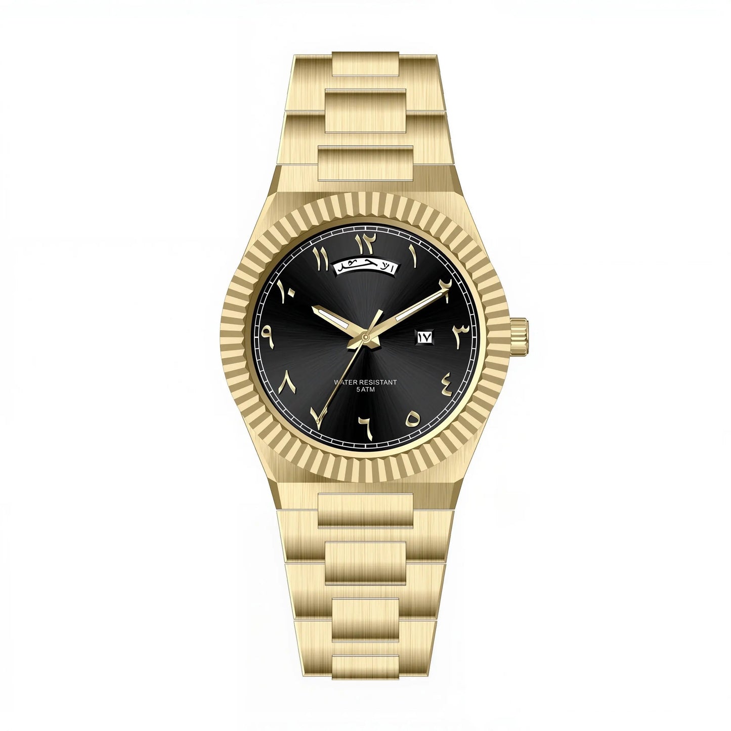 NAZAR Gold & Black – Men’s premium steel watch featuring a black Arabic numeral dial, day-date window, and classic fluted bezel.