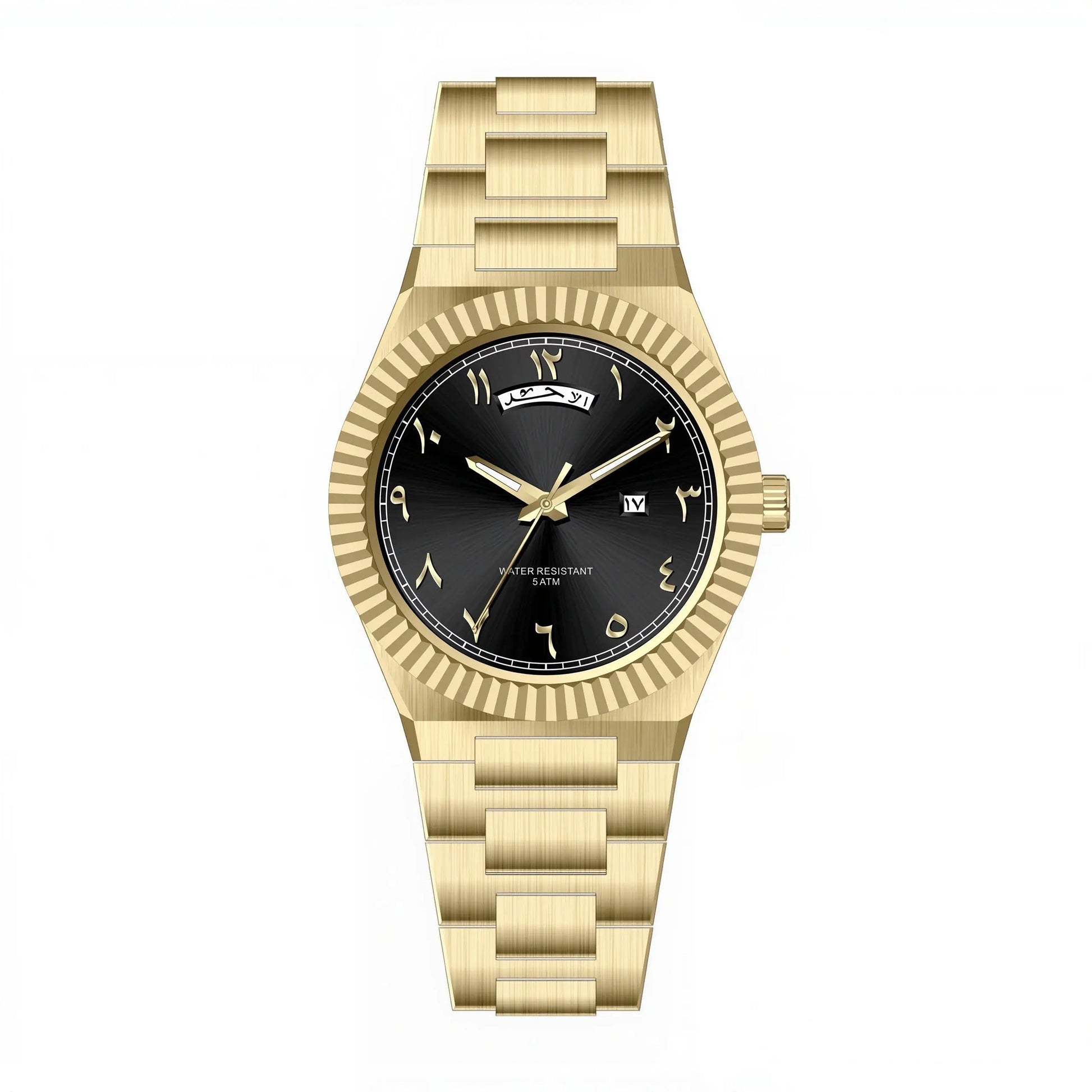 NAZAR Gold & Black – Men’s premium steel watch featuring a black Arabic numeral dial, day-date window, and classic fluted bezel.