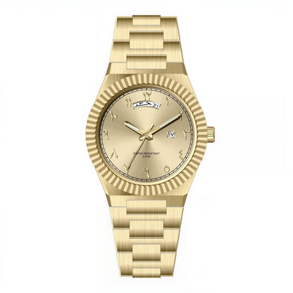 NAZAR Gold – Men’s premium steel watch featuring a champagne Arabic numeral dial, day-date window, and classic fluted bezel.