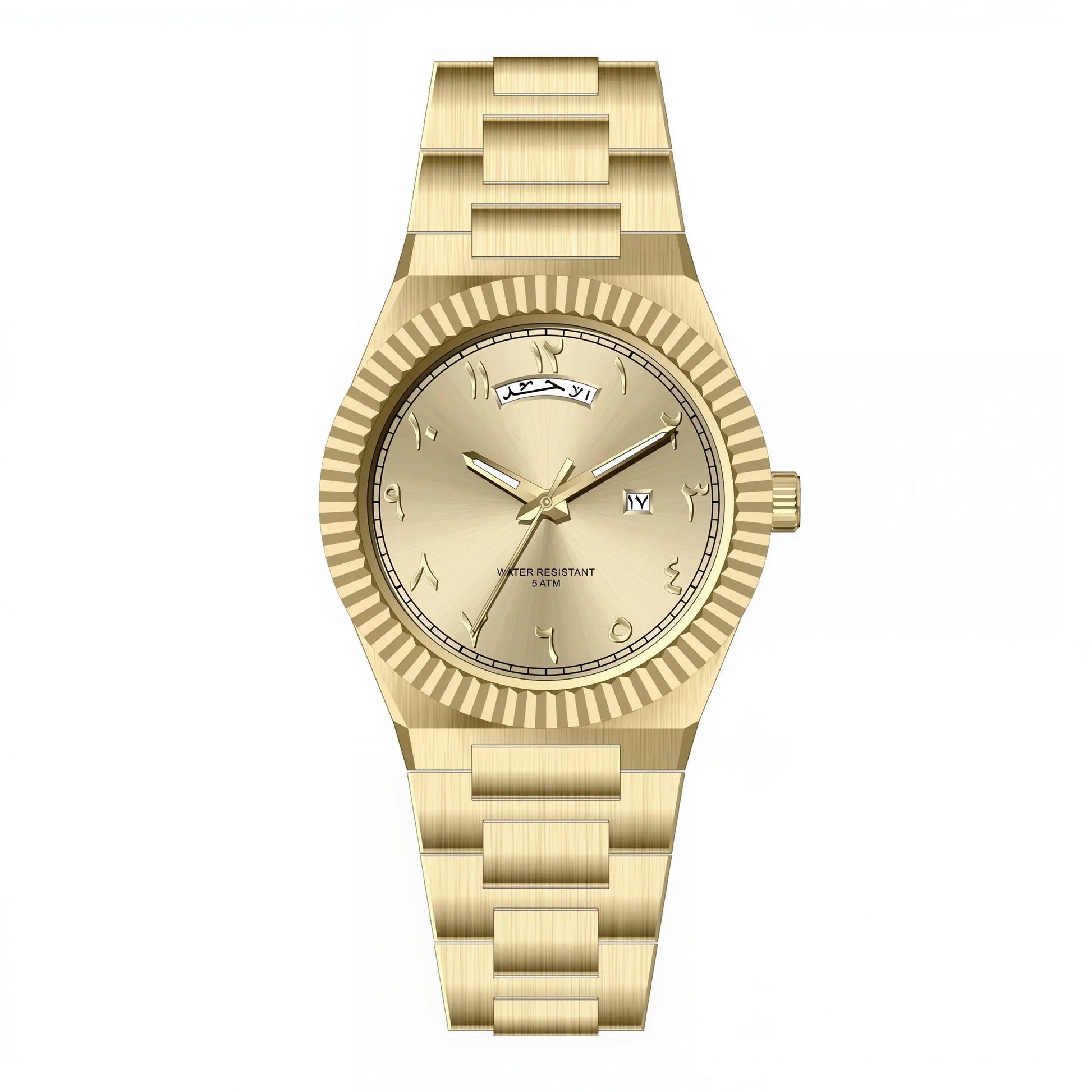 NAZAR Gold – Men’s premium steel watch featuring a champagne Arabic numeral dial, day-date window, and classic fluted bezel.
