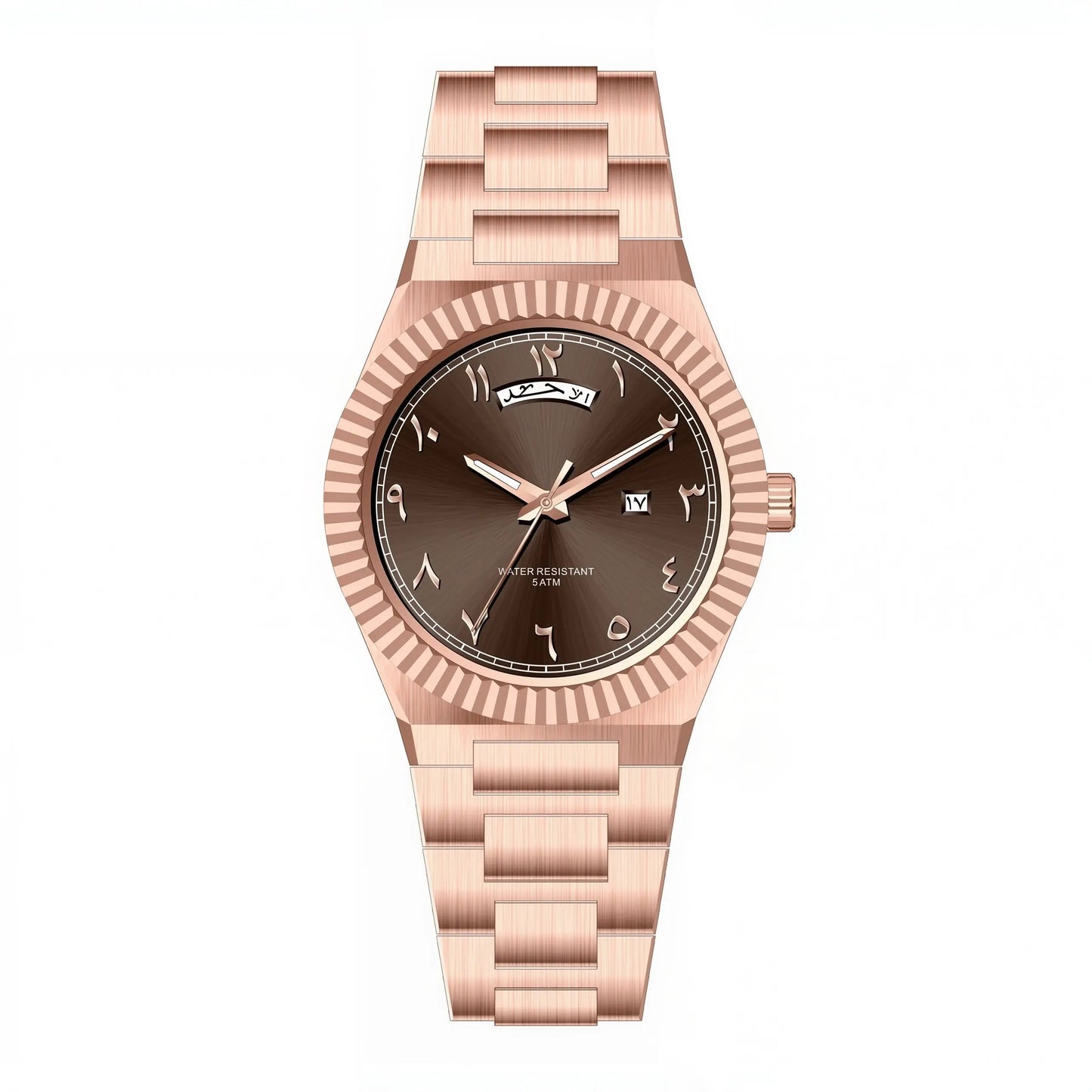 NAZAR Rose Gold – Men’s premium steel watch featuring a chocolate brown Arabic numeral dial, day-date window, and fluted bezel.