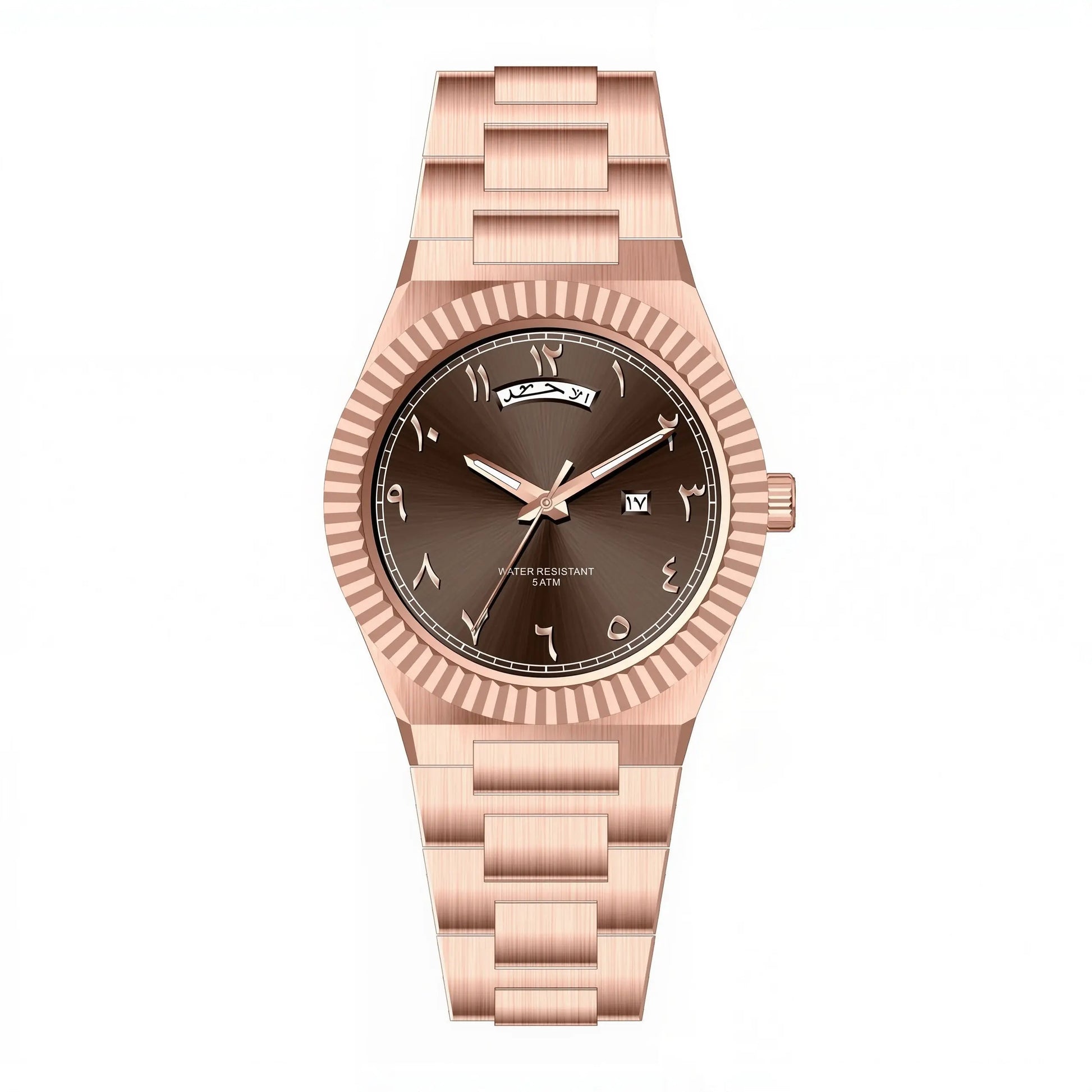 NAZAR Rose Gold – Men’s premium steel watch featuring a chocolate brown Arabic numeral dial, day-date window, and fluted bezel.