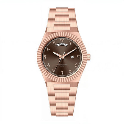 NAZAR Rose Gold – Men’s premium steel watch featuring a chocolate brown Arabic numeral dial, day-date window, and fluted bezel.
