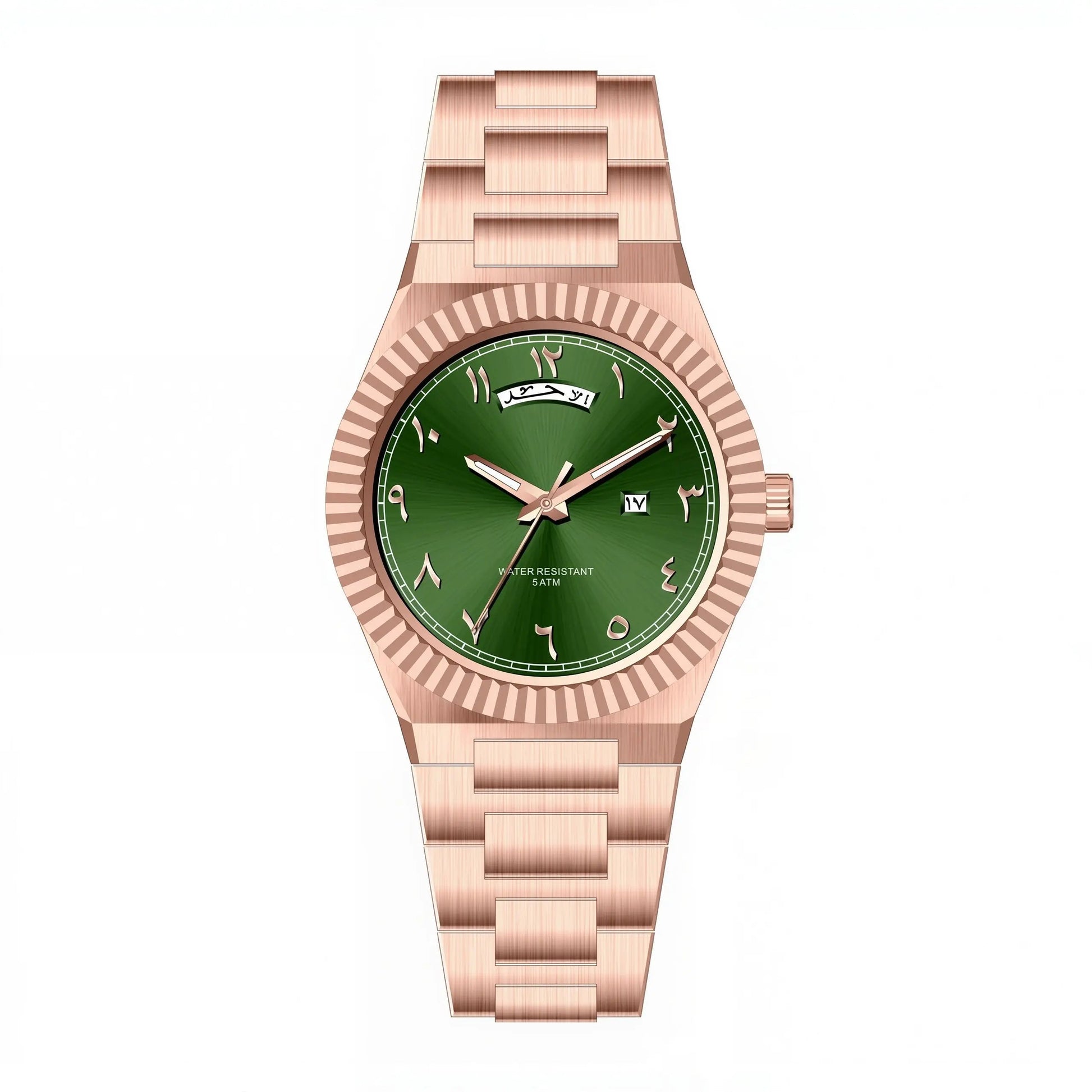 NAZAR Rose Gold – Men’s premium steel watch featuring a green Arabic numeral dial, day-date window, and fluted bezel.
