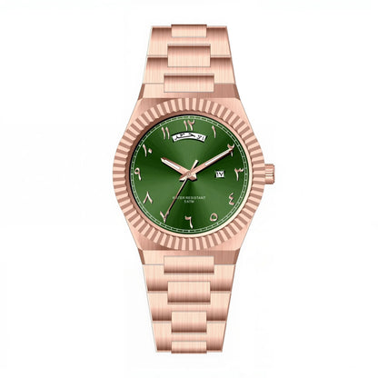 NAZAR Rose Gold – Men’s premium steel watch featuring a green Arabic numeral dial, day-date window, and fluted bezel.