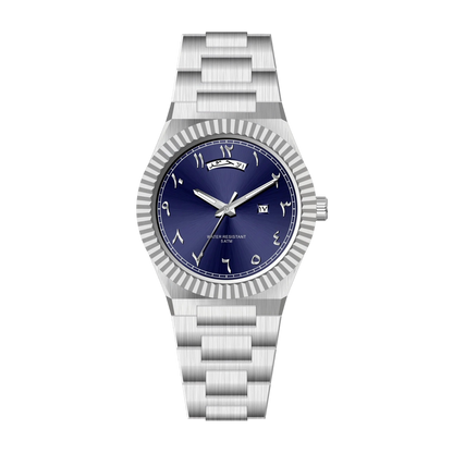 NAZAR Silver – Men’s premium steel watch featuring a blue Arabic numeral dial, day-date window, and classic fluted bezel.