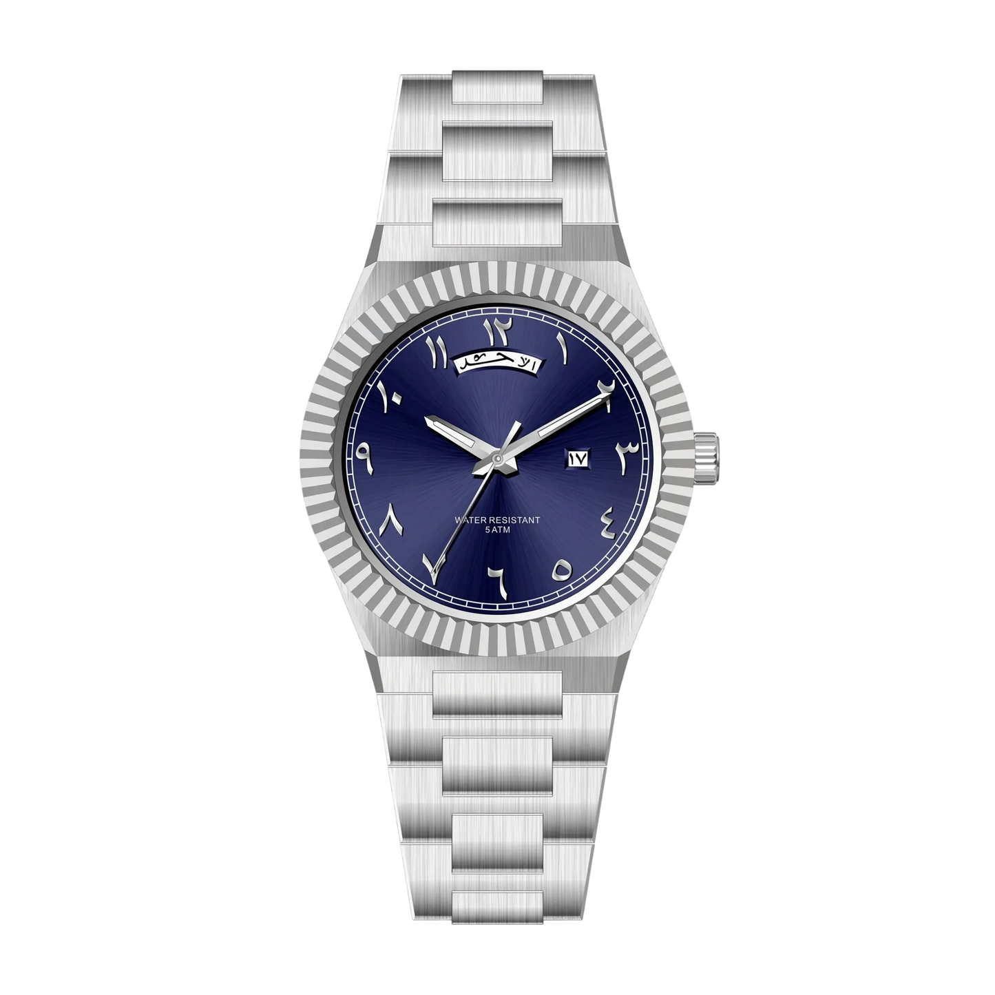 NAZAR Silver – Men’s premium steel watch featuring a blue Arabic numeral dial, day-date window, and classic fluted bezel.