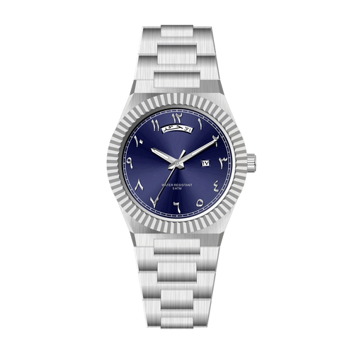 NAZAR Silver – Men’s premium steel watch featuring a blue Arabic numeral dial, day-date window, and classic fluted bezel.