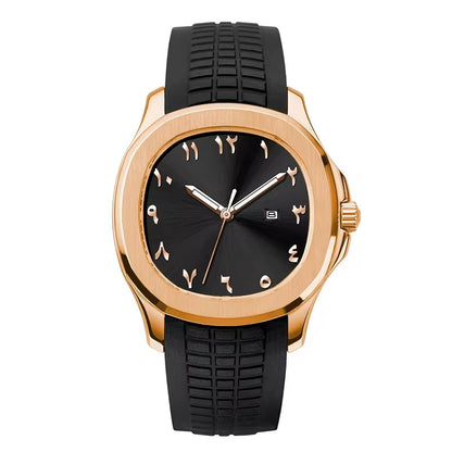 NOURVIC Rose Gold & Black – Men’s premium watch featuring a black Arabic numeral dial and textured sports strap.