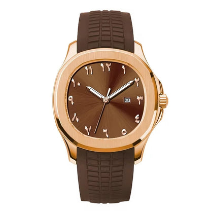 NOURVIC Rose Gold & Brown – Men’s premium watch featuring a brown Arabic numeral dial and textured sports strap.