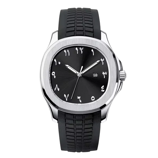 NOURVIC Silver & Black – Men’s premium steel watch featuring a black Arabic numeral dial and textured sports strap.