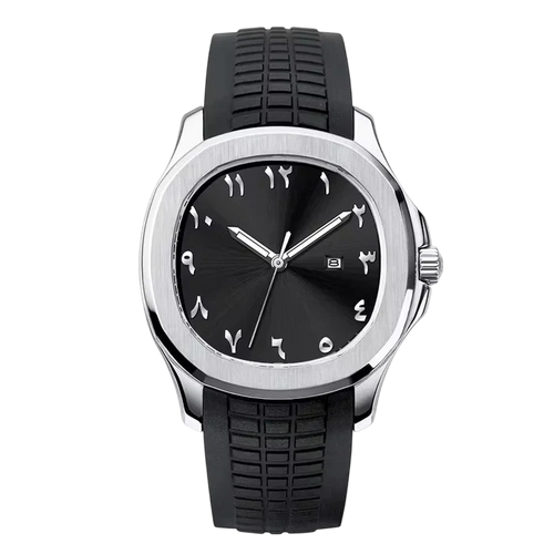 NOURVIC Silver & Black – Men’s premium steel watch featuring a black Arabic numeral dial and textured sports strap.