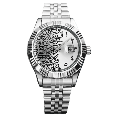 LEGOSS NAQSHAN white Arabic calligraphy dial steel bracelet watch