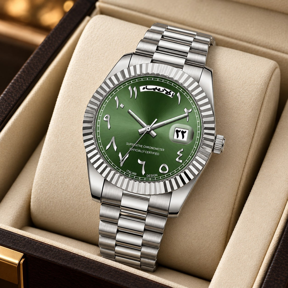 YAWMIQ green dial in its box